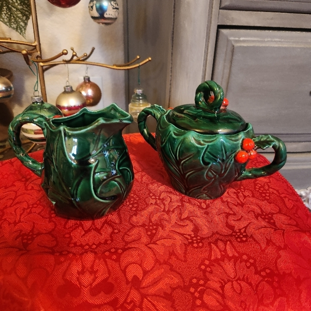 Vintage Lefton Green Ceramic Pitcher and Sugar Bowl Set